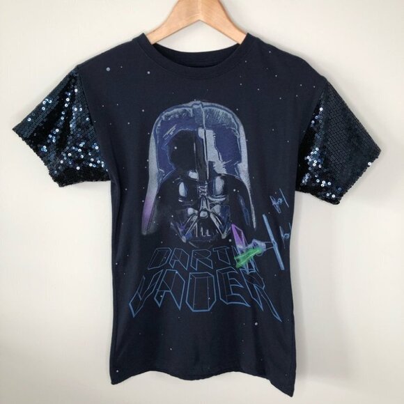 Star Wars Darth Vader Navy Blue Graphic T-Shirt with Sequin Sleeves Size Small - Picture 1 of 5